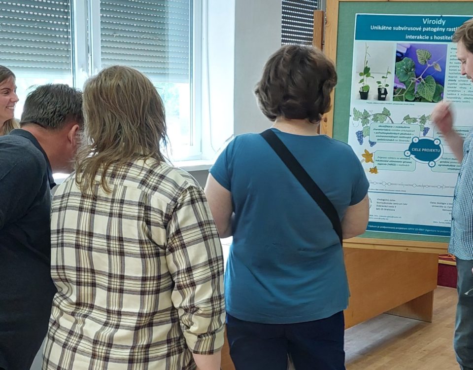 Mladí vedci z BMC SAV predstavujú pred plagátom čiastočné výsledky výskumu o viroidoch na podujatí v Piešťanoch k medzinárodnému Dňu fascinácie rastlinami.