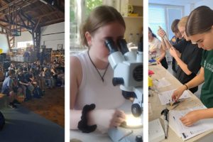 Mladí vedátori na prednáškach a v laboratóriu robia pokusy na Letnej škole mladých vedcov 2023.
