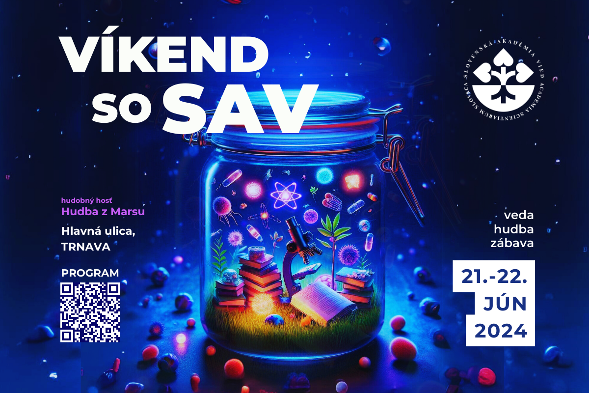 Plagát k podujatiu Víkend so SAV v Trnave 2024, na ktorom je v zaváracej fľaši mikroskop, vírusy, lieky a knihy.