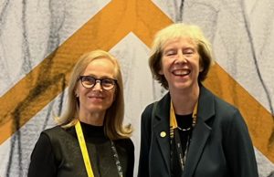 EMBO Director Fiona Watt (right) and Professor Silvia Pastorek (left) at the EMBO community meeting in Heidelberg during the inauguration of new members.